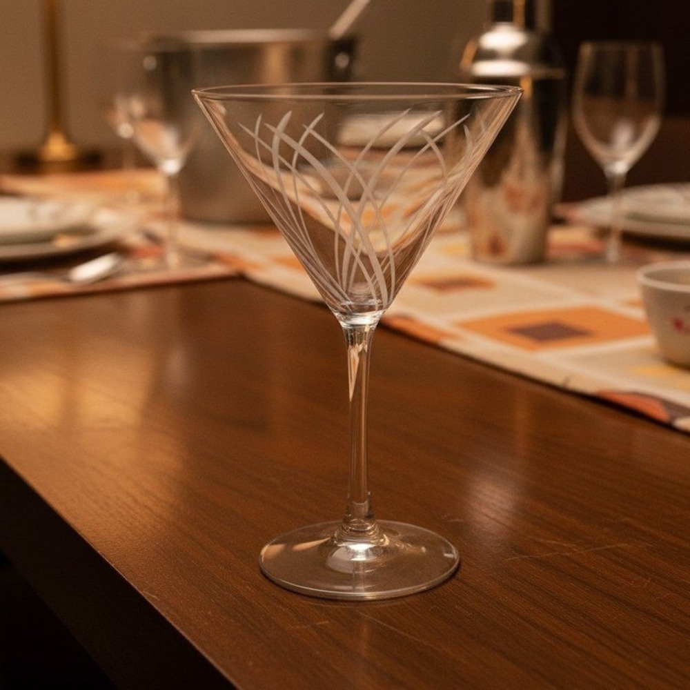Etched Swirl Martini Glass, Clear Pressed Cocktail Stemware, Mid Century Barware